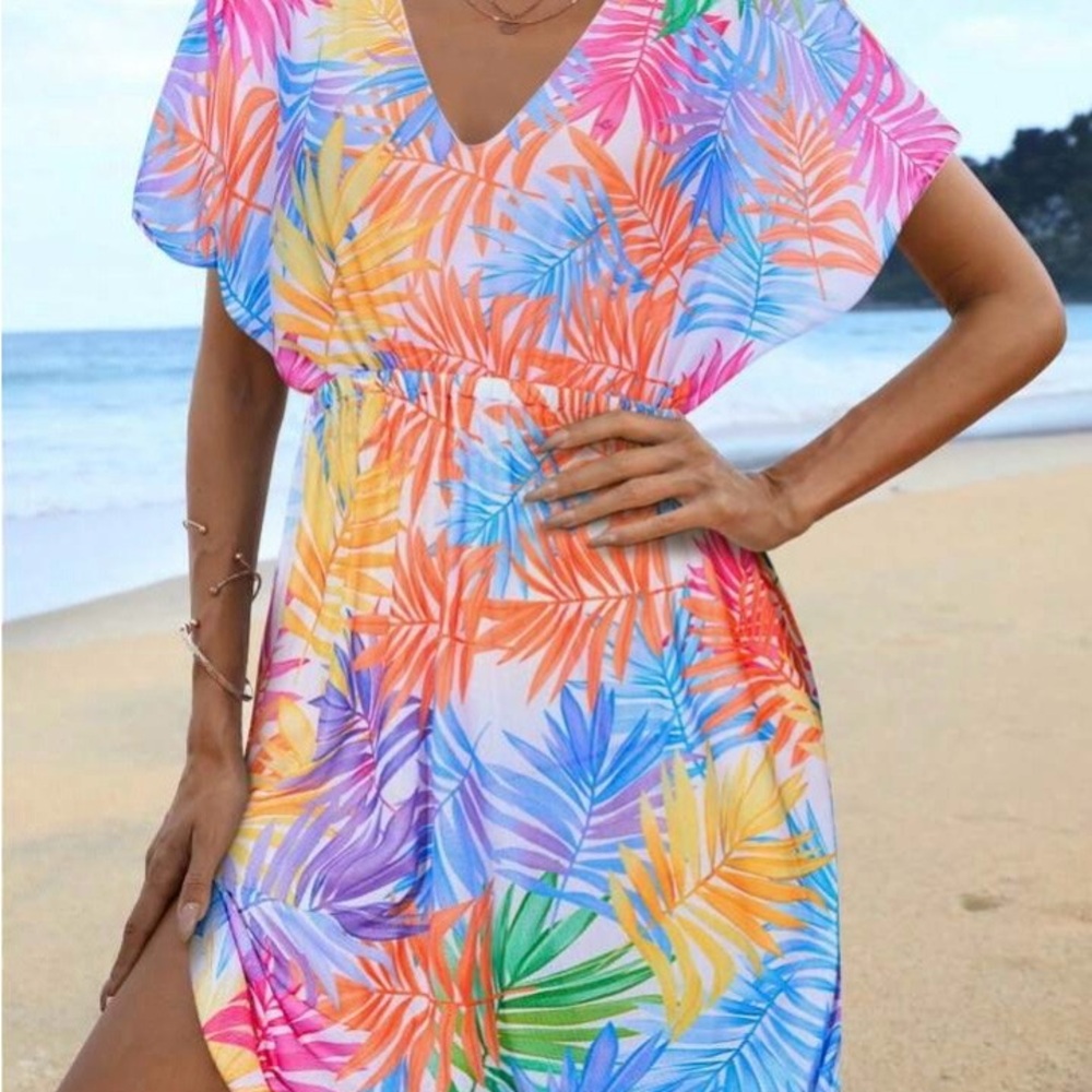 Vibrant Leaf Print Swim Cover-Up- Final Sale - Picture 1 of 2